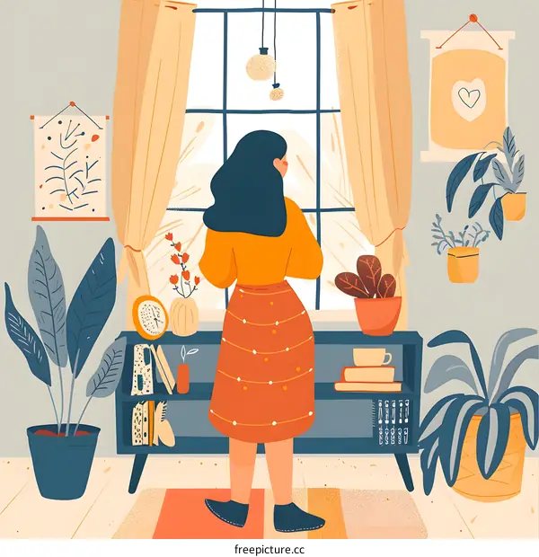 Woman Standing By Window Looking Outside