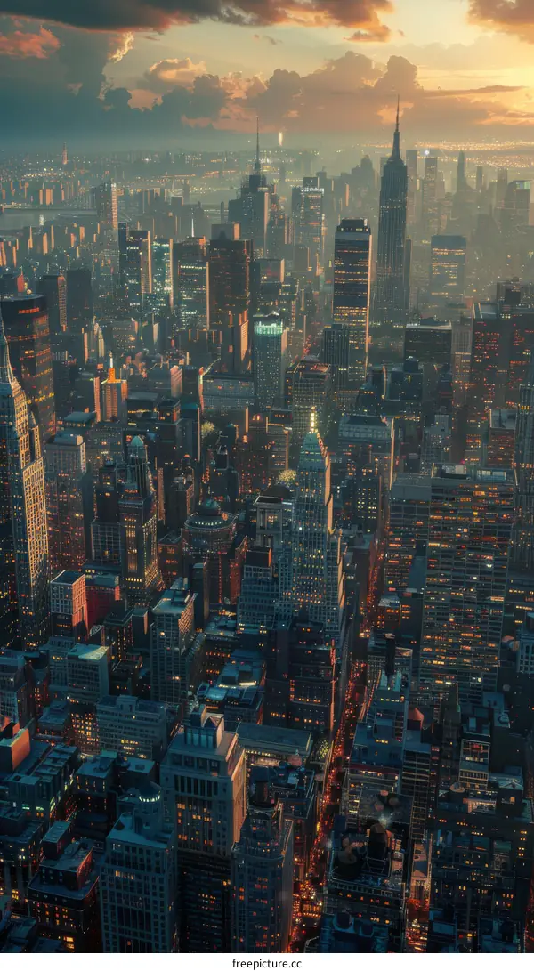 Aerial View of New York City Skyline at Sunset