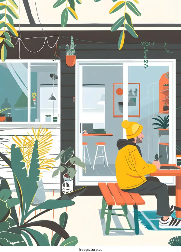 Man in Yellow Jacket Sitting on Bench Outside Modern Home