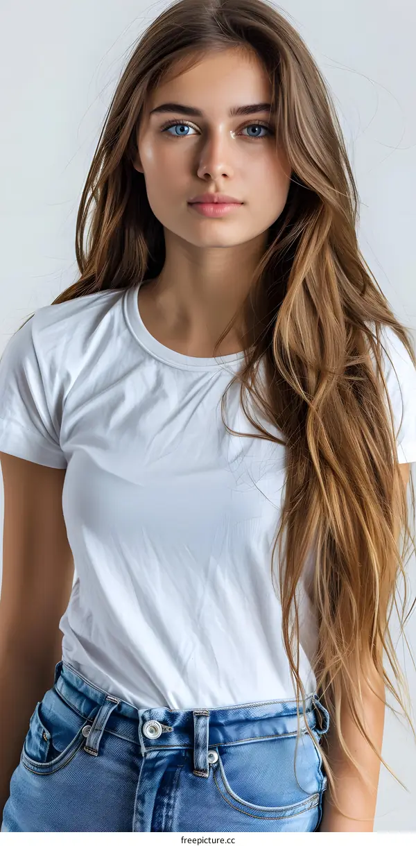 portrait of a beautiful young woman with long blond hair wearing a white t-shirt and blue jeans