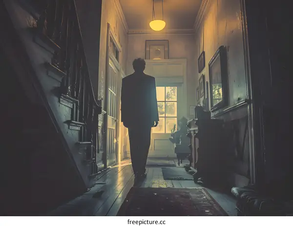 Man walking down a hallway with a vintage light bulb