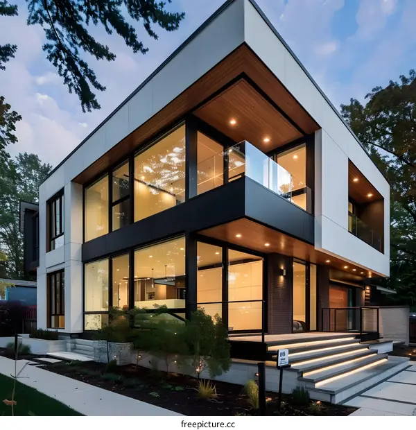 Modern Home with Large Windows and Wood Accents