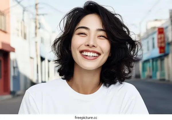 Smiling Asian Woman in City Street