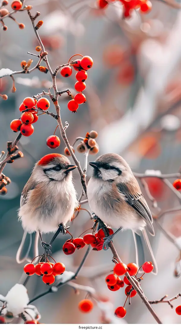Two birds on a branch with red berries