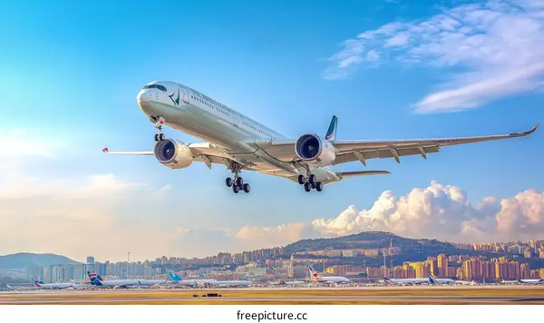 Passenger Jet Taking Off Over Cityscape