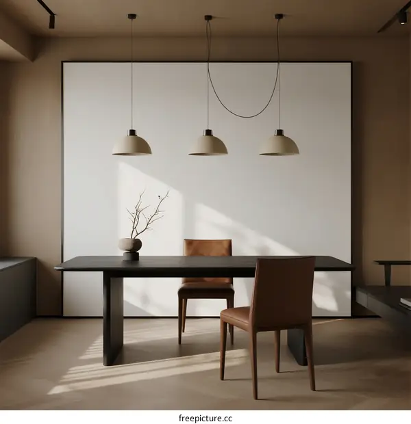 Minimalist Dining Room with Neutral Tones and Pendant Lights