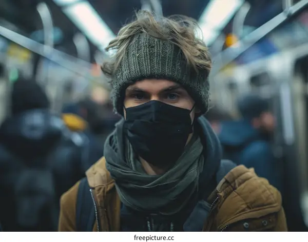 Man wearing a mask on a subway train