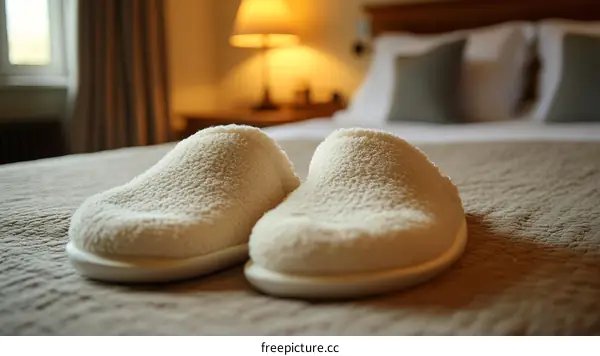Soft White Slippers on a Bed in a Hotel Room