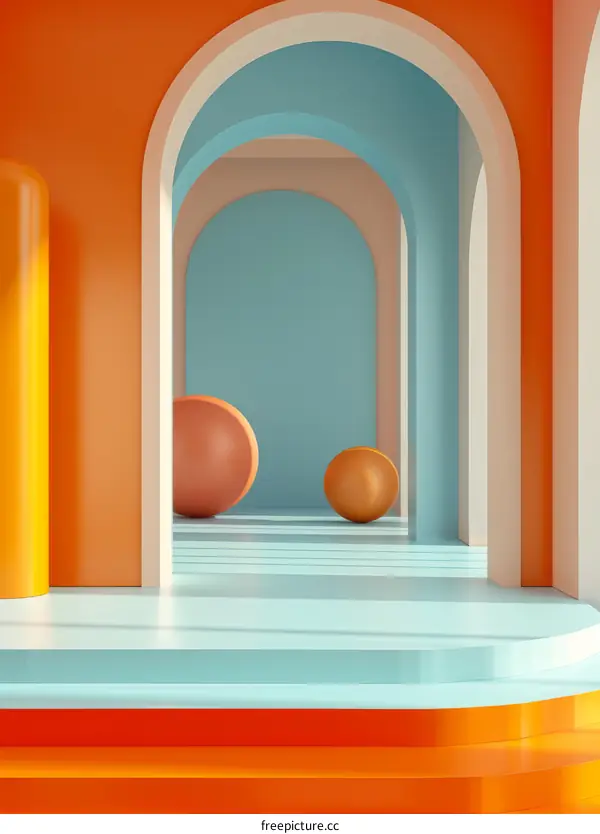 3D rendering of an arched hallway with two spheres