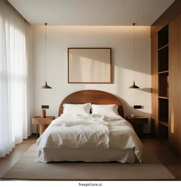Modern Minimalist Bedroom with Natural Light and Wooden Elements