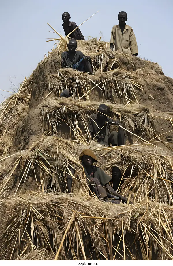 African Men Building a Traditional Thatched Roof