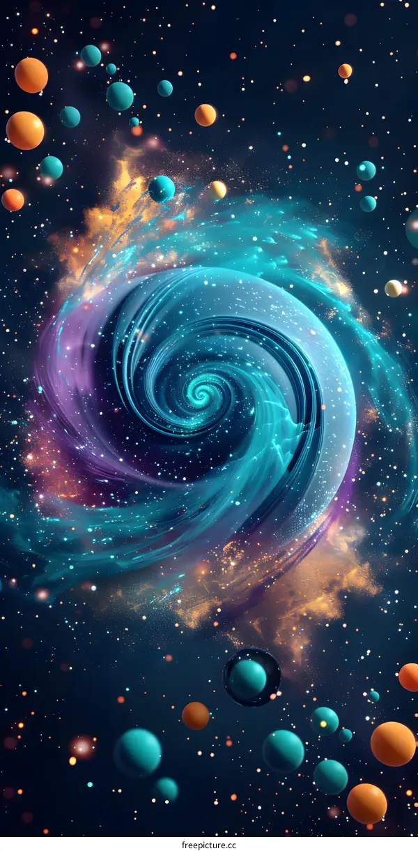Colorful abstract spiral galaxy with stars and planets