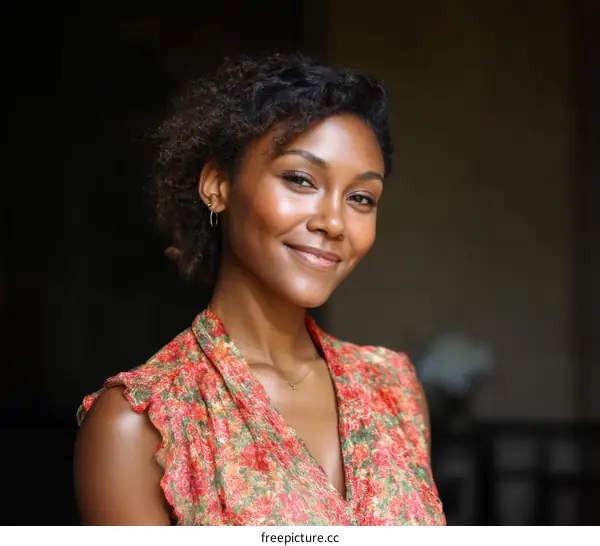 Portrait of a Woman with Curly Hair and a Floral Dress
