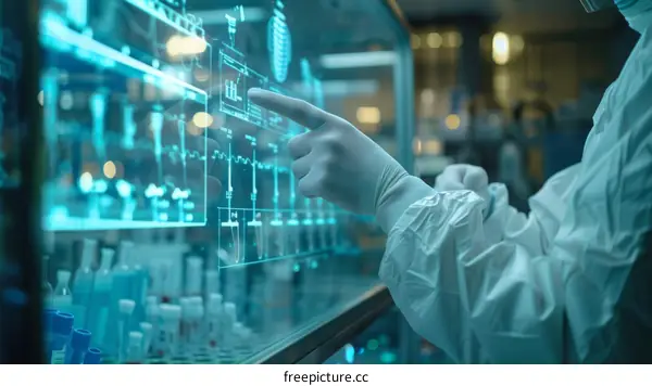 Scientist wearing protective gloves works on futuristic user interface