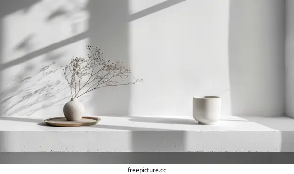 Dried flowers in a vase on a white shelf with a cup