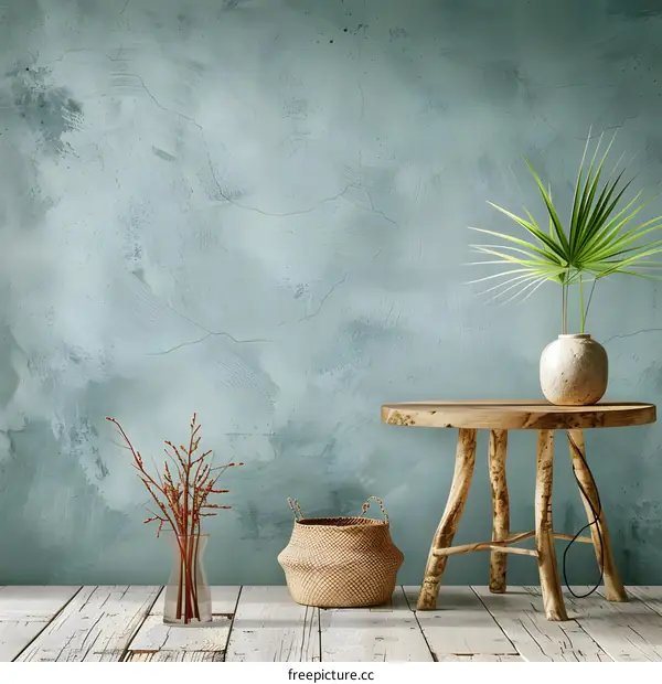 Green Wall With Wooden Table and Plants