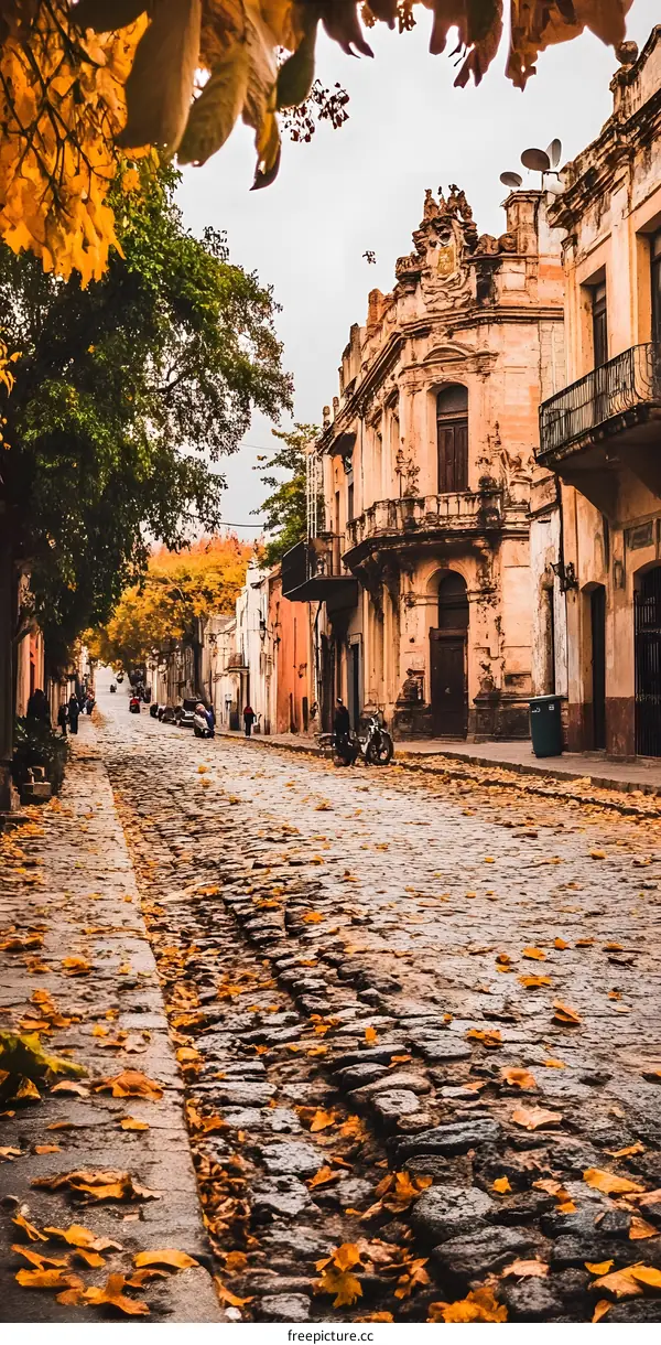Cobblestone Street in Autumn with Old Buildings and People