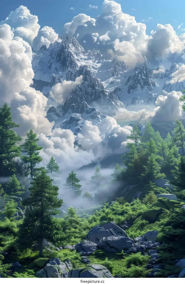 Majestic Mountain Range Enveloped in Clouds