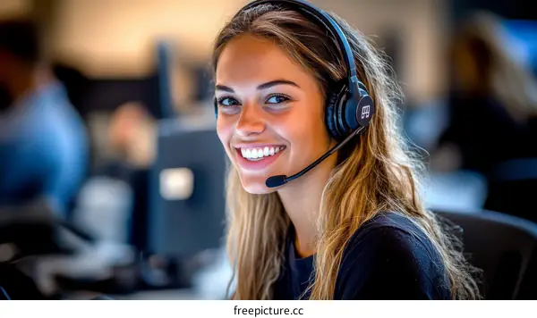 Smiling Caucasian Customer Service Representative Wearing Headset