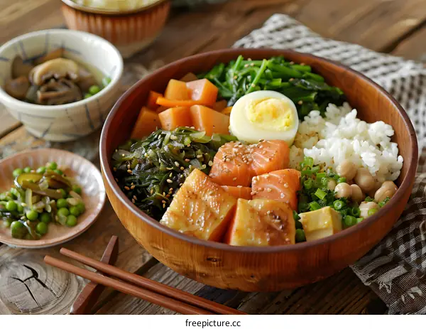 Japanese Food Bowl with Salmon and Vegetables
