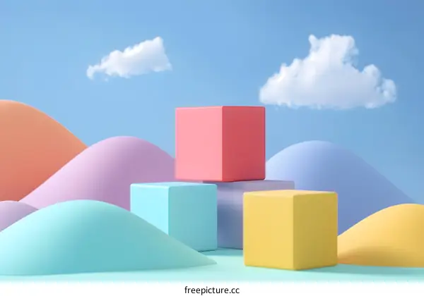 Abstract Minimalist 3D Rendering With Colorful Cubes And Hills