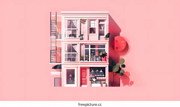Pink Building With Red Sun And Green Plants Illustration