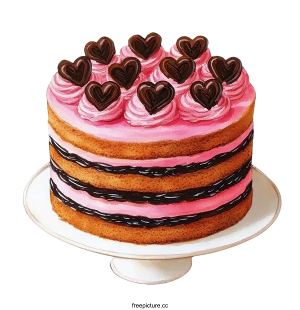 [Transparent Background PNG]A Watercolor Illustration of a Pink Layer Cake with Chocolate Hearts