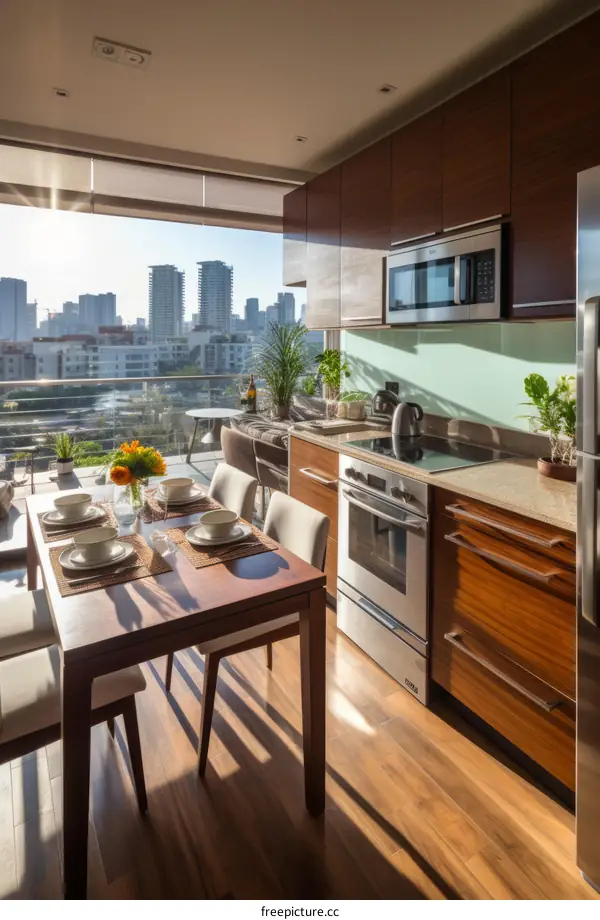 kitchen with a view of the city