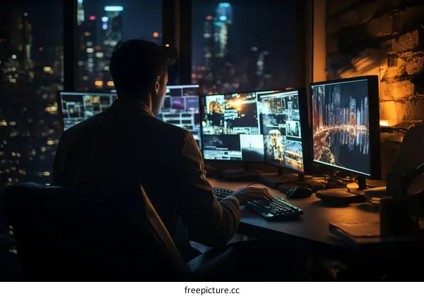 A hacker in a dark room surrounded by computers