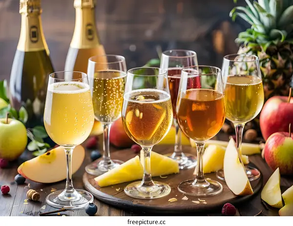 Apple Cider Varieties in Glasses with Apple Slices and Pineapple