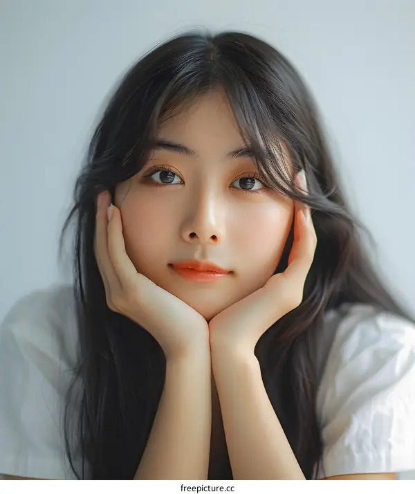 Close Up Portrait of Beautiful Young Woman with Long Black Hair