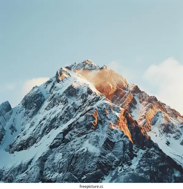 The summit of a snow-capped mountain peak at sunset