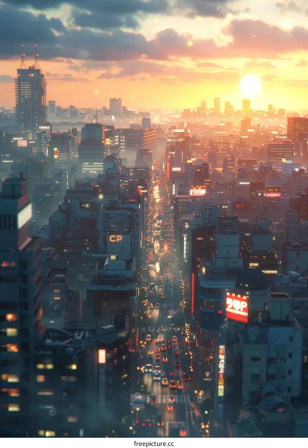 Bustling city street with cars and people crossing intersection at sunset