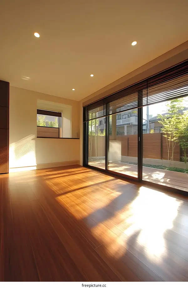 Modern Living Room with Sliding Glass Doors and Wooden Floor