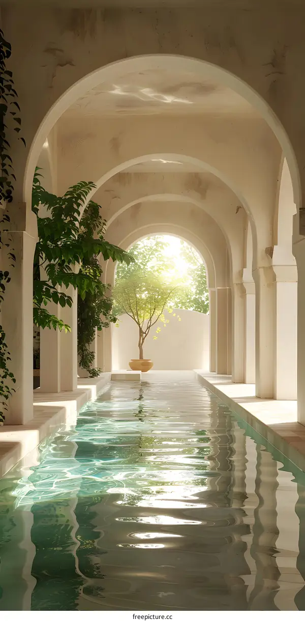 Modern Minimalist Courtyard with Archway and Pool
