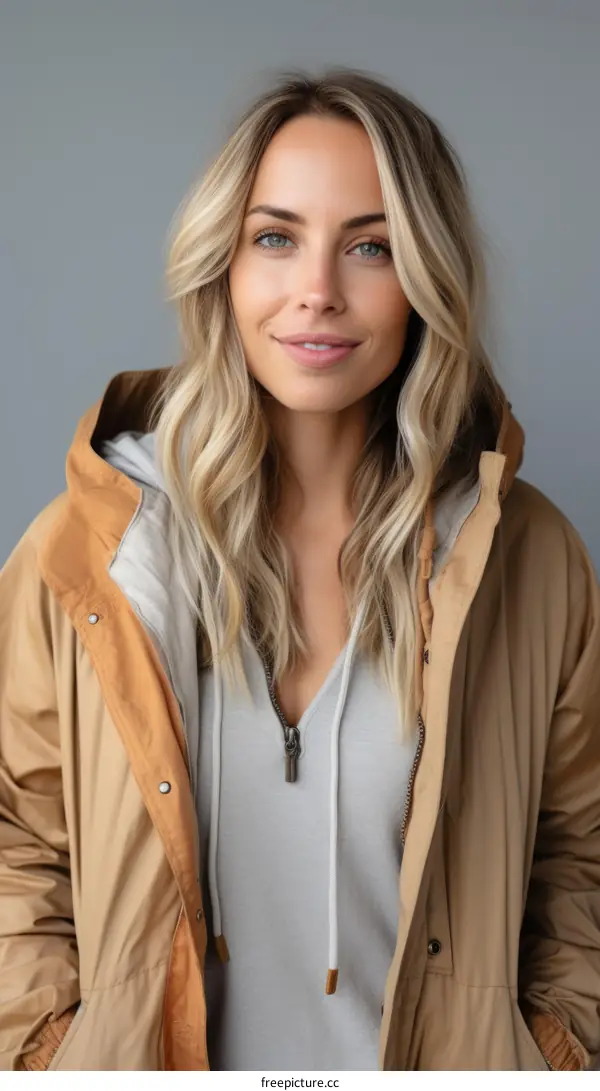 Portrait of a smiling blonde woman in a brown jacket