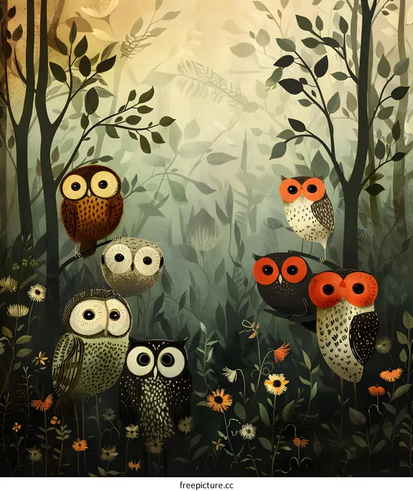 Forest Owl Illustration with Colorful Pattern