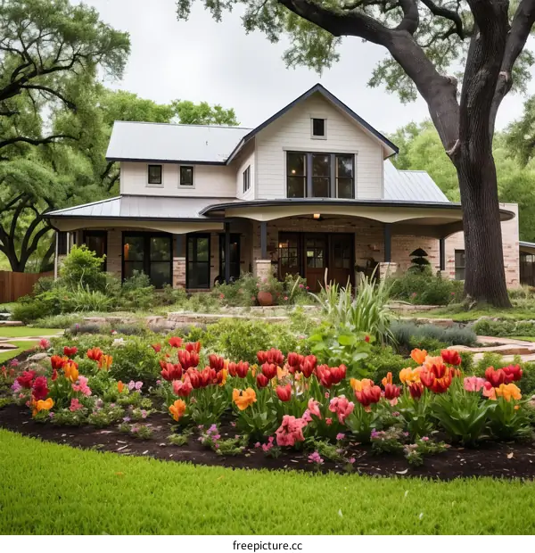 Modern Farmhouse with Colorful Garden