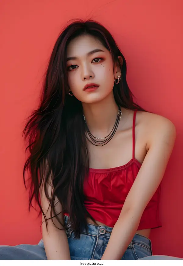 Portrait of Young Asian Woman in Red Top and Jeans