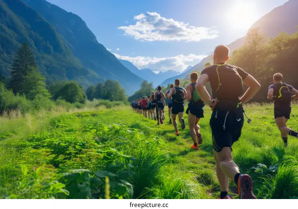 A group of trail runners competing in a race in the mountains.