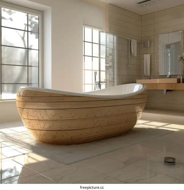 Modern Wooden Bathtub in a Stylish Bathroom