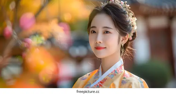 Portrait of a young Korean woman in traditional dress, or Hanbok, with autumn foliage in the background