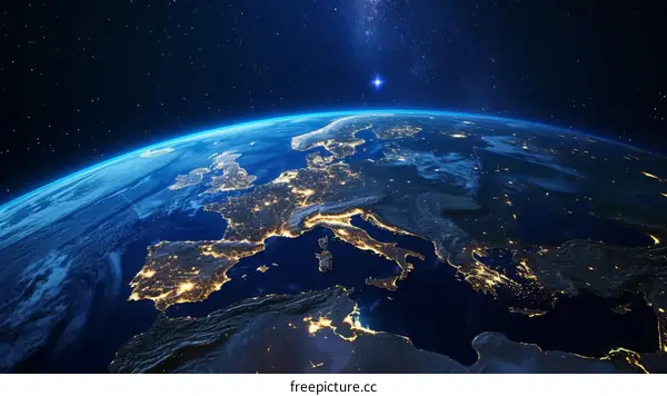 Earth from space showing Europe and Africa at night