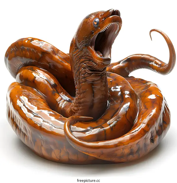 A wooden sculpture of a snake with its mouth open