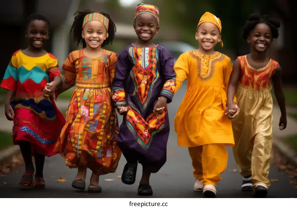 Five happy African children holding hands and walking in a row