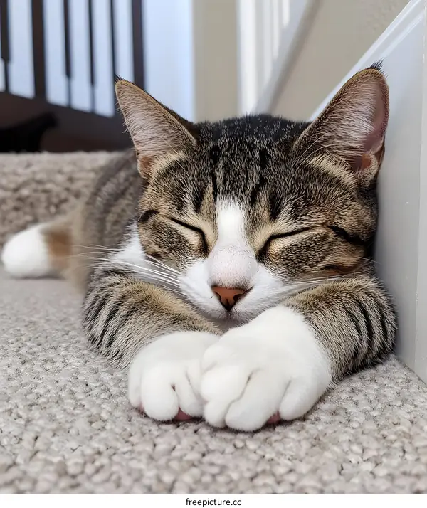 Cute Tabby Cat Sleeping on Carpet Stairs