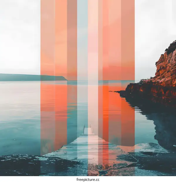 Sunset Over Sea With Wooden Dock and Abstract Color Palette