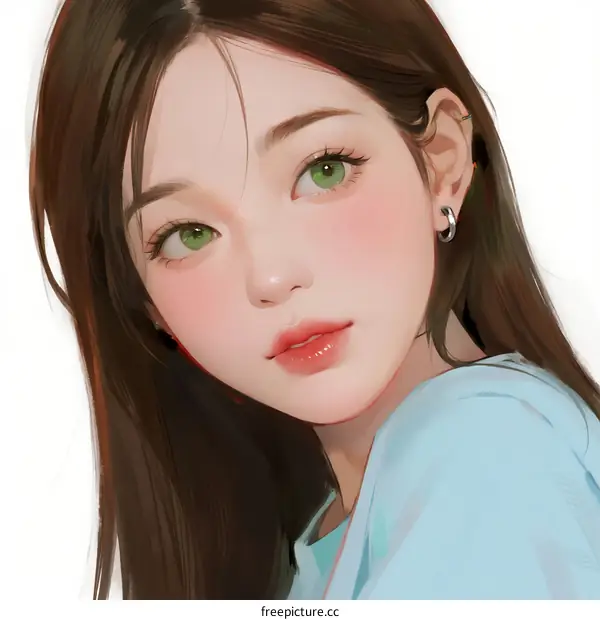 Portrait of Young Woman with Green Eyes and Long Brown Hair