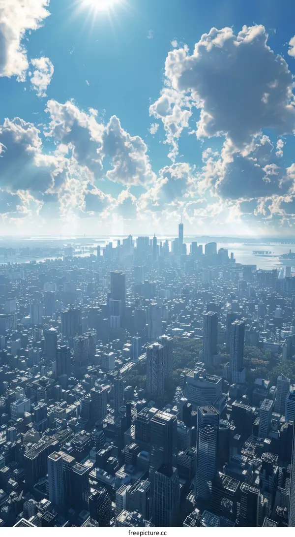 Aerial View of New York City Skyline with Clouds