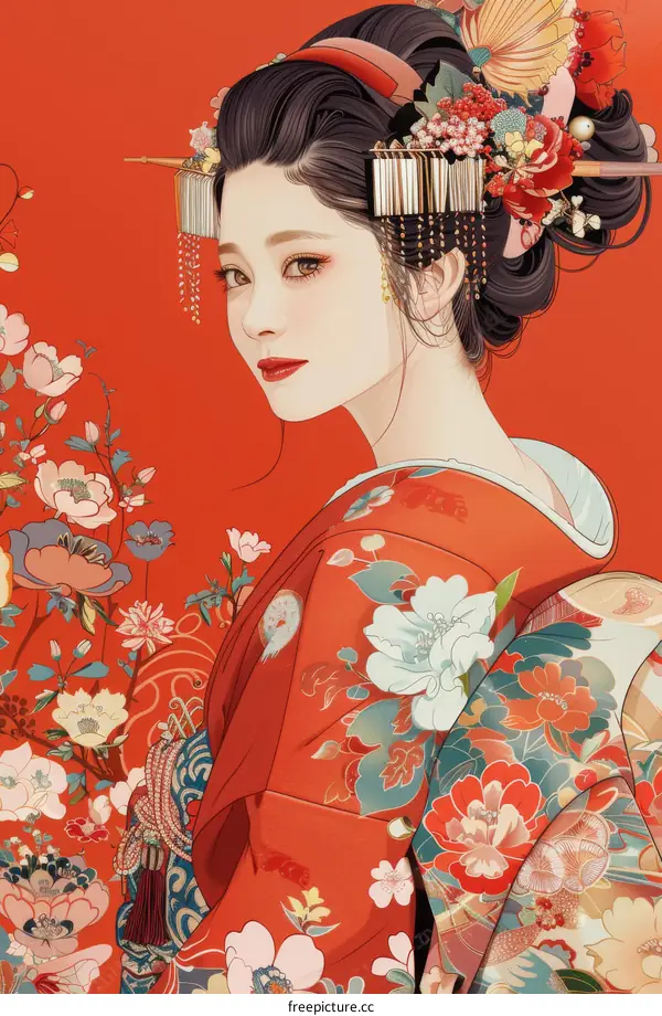 An illustration of a Japanese woman wearing a kimono with floral patterns and traditional hair accessories.